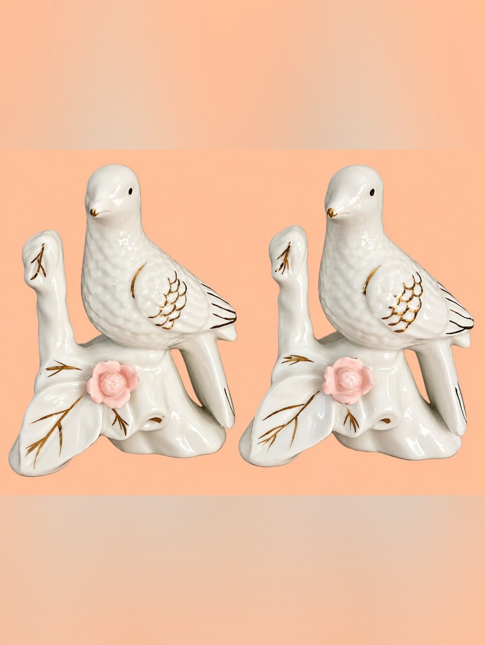 Vintage Porcelain Dove Bird Figurines Pair Gold Accents Pink Roses Made in China